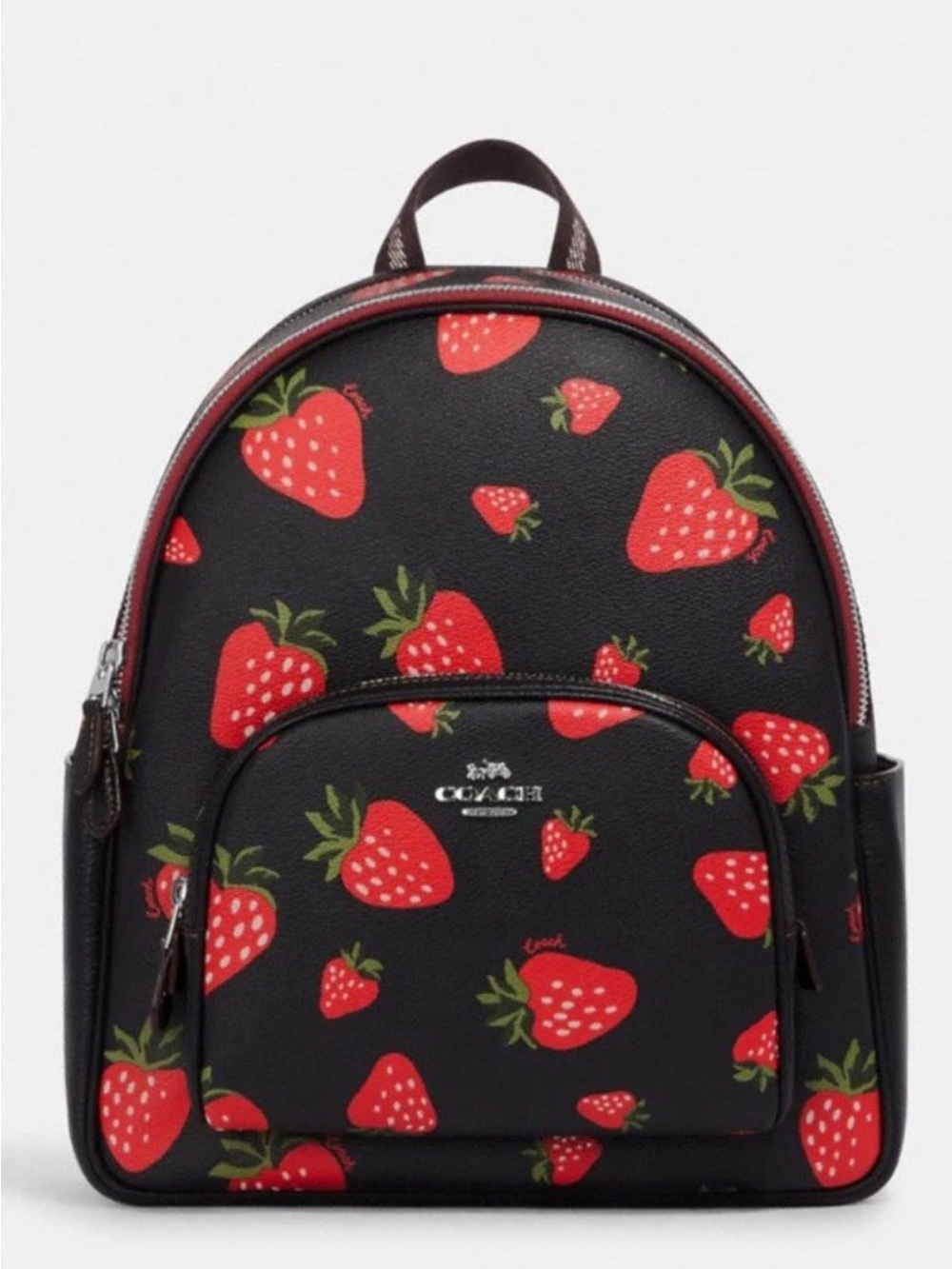 Coach Black Mini Backpack with Red Strawberry Print